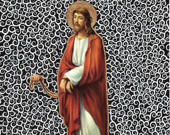 May include: A painting of a man with a crown of thorns and a red robe, standing against a black and white background of swirling patterns.