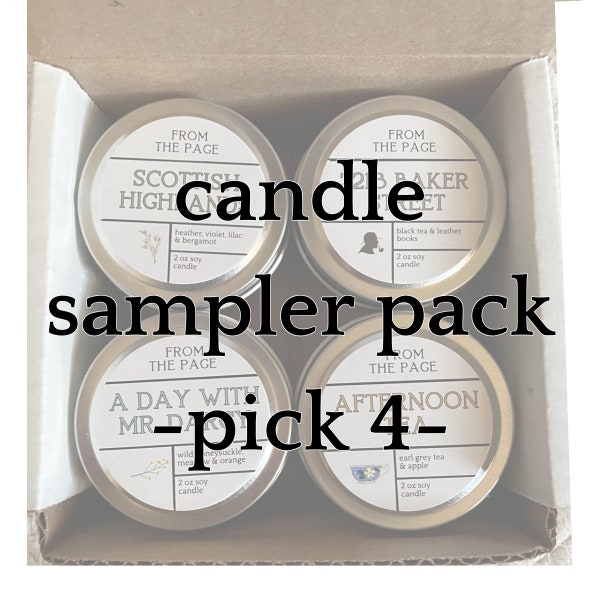 SAMPLER PACK- Pick Four - 2 oz soy book inspired candle tins
