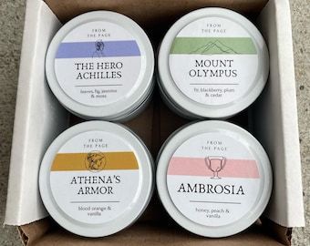 Greek Mythology Candle Sampler Option 1 – 4 Mini Tins, Reader Gift