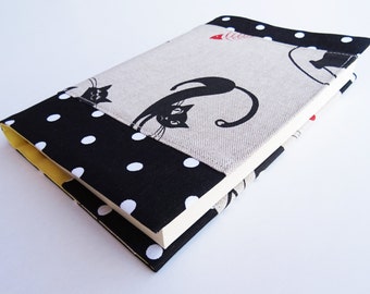 Paperback Fabric Book Cover, Reusable Book Cover, Black Polka Dots, Black Cats Print Cotton, Gift for Cat Lovers, Book Protector