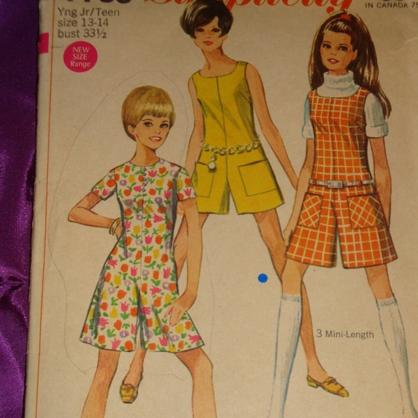 60s Mod Pantdress Pantjumper High or Low Round Collarless Neck Slvls Short Sleeves Opt Ptch Pockets CMPLT Simplicity 7705 Bust US 33.5 CM 85