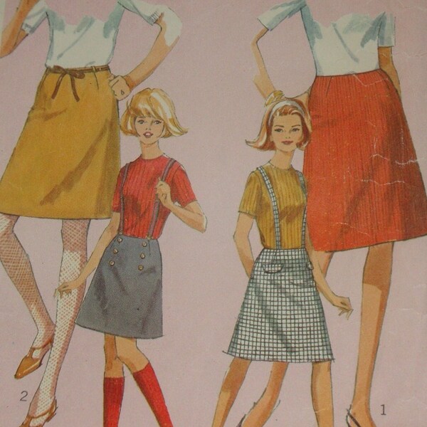 60s A Line Skirt Abv Knee or Knee Length Darted Waistline No Waistband Suspenders Opt Flap or Button Trim CMPLT Simplicity 6594 Waist US 26