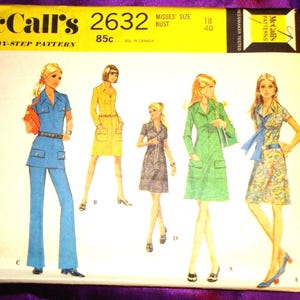 May include: A vintage McCall's 2632 sewing pattern envelope for a misses' dress or top and pants. The yellow and white packaging features illustrations of five different garment styles in blue, yellow, patterned, and green fabrics with collars.
