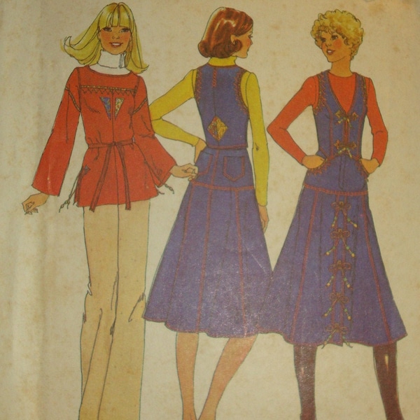 70s BoHo Hippie Separates Caftan Top Rnd Neck Long Bell Slvs Sd Slits Flared Skirt w Pockets n Vest CMPLT Simplicity 7720 Bust US 31.5 CM 80