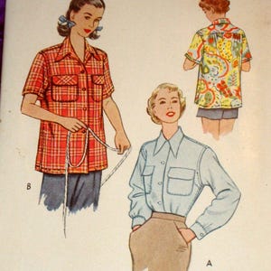 50s Bust 28.5 n 30 Loose Fitting Shirt Blouse Top Front Button Collar Flapped Breast Pockets Short n Long Button Cuff Sleeves FF McCall 8336