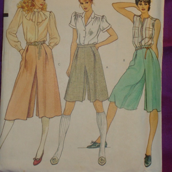 80s EaSY Culottes Center Front Pleat Side Seam Pockets Back Zipper Above or Below Knee or Mid Calf Length CMPLT Vogue 8043 Waist US 30 CM 76