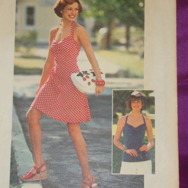 70s EaSY Halter Neck Top or Fit n Flare Dress Both w Sweetheart Neck Front Bust Gathers Back Tie Neck FF SImplicity 6919 Bust US 34 or CM 87
