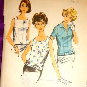 50s Bust 38 Top 3 Vws Sleeveless Round Neck Bow Trim Notches n Square Neck Button Trim Tabs or V Neck Collar Short Sleeve UNCUT McCalls 4605