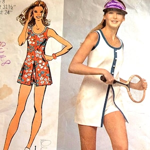 May include: A vintage Simplicity 9966 sewing pattern envelope for a sleeveless dress with a front button placket and shorts. The cover features illustrations of the garment in floral and solid white fabric, with text including Size 8, Bust 31.5 inches, and Waist 24 inches.