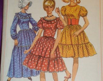 60s Prairie Dress 2 Lengths 3 Neck Vws Fitted Bodice Full Skirt w Hem Rfl Short or Long Slvs Belt Bonnet FF Simplicity 6832 Bust US 31 CM 79