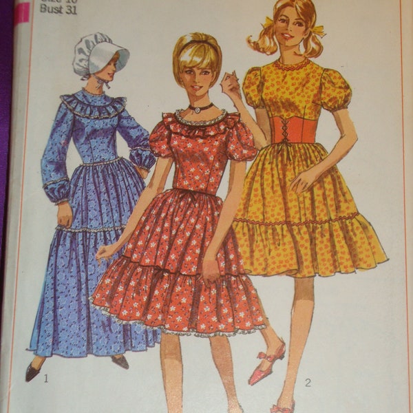 60s Prairie Dress 2 Lengths 3 Neck Vws Fitted Bodice Full Skirt w Hem Rfl Short or Long Slvs Belt Bonnet FF Simplicity 6832 Bust US 31 CM 79