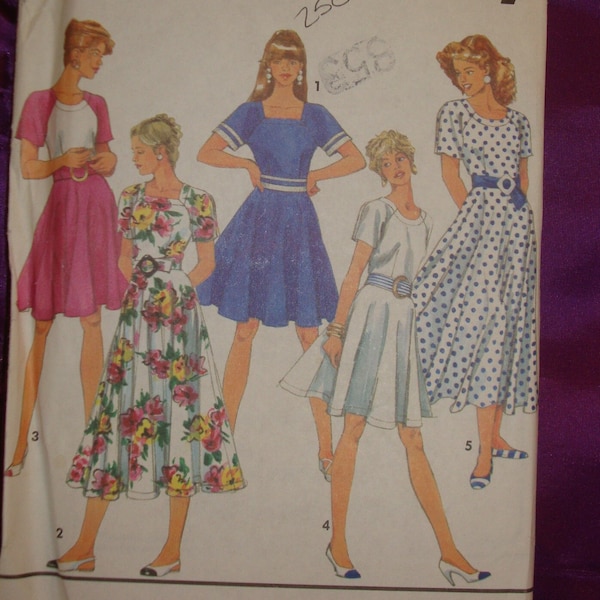 90s Dress Fitted Bodice Round n Square Neck Circle Skirt Abv Knee Below Calf Lgth Short Raglan Slvs Belt FF Simplicity 7863 Bust US 34 36 38