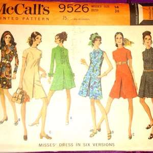 60s Bust 36 Mod A Line Dress Abv Knee Bias Band Collar Cntr Front Pleat Sleeveless Short n Long Slvs Opt Self Ruffle Trim CMPLT McCalls 9526