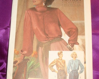80s LAuREN HuTTON Pullover Blouse Slit Back Neck n Long Sleeves Pleated or Tucked Front Neck Variation FF Simplicity 6649 Bust US 31.5 CM 79