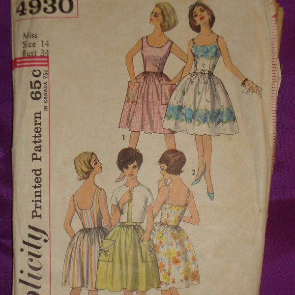 60s Dress Fitted Bodice 2 Vws Full Skirt Border Print Pocket Opt n Lined Jacket Open Front Short Slvs CMPLT Simplicity 4930 Bust US 34 CM 87