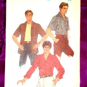 May include: A vintage Simplicity sewing pattern featuring illustrations of men's shirts. The pattern includes a size 38 with a 15-inch neckband. The cover art showcases three different shirt styles in various colors and patterns.