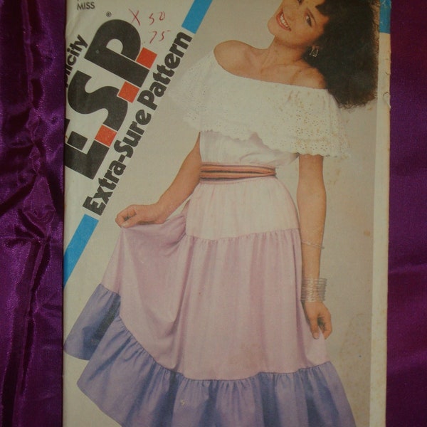 80s Three Tier Skirt Below Knee Length Triple Elastic Waist Sleeveless Peasant Top Ruffle Elastic Neck FF Simplicity 5888 Bust US 34 36 38