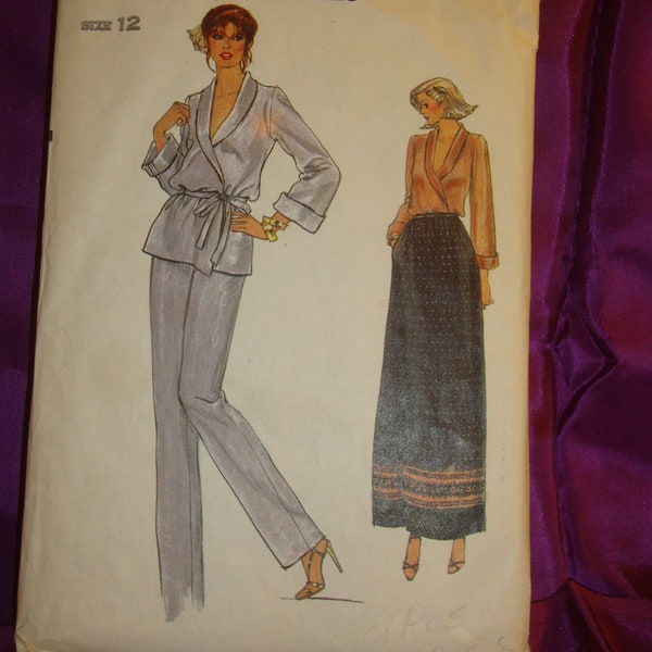70s EaSY Front Wrap Top Tuck In or Out V Neck Shawl Collar Long Roll Up Slvs Straight Skirt n Slim Tapered Pants CMPLT Vogue 7212 Bust US 34