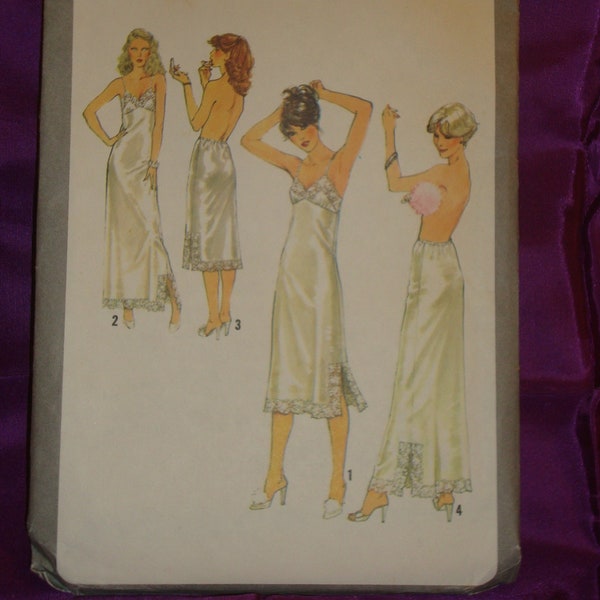70s Full and Half Slip with Elastic Waist Lingerie Evening and Below Knee Lgth w Side Slits Lace Trim FF Simplicity 8862 Bust 38 US 97 CM
