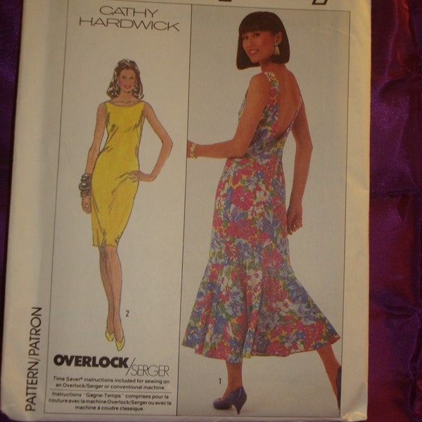 80s EaSY CaTHY HaRDWICK Slim Fit Dress Low U Back Sleeveless Above Knee or Lower Calf w Flared Flounce FF Simplicity 7997 Bust US 32.5 CM 83