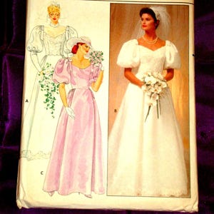 80s Bust 32.5 Bridal Maids Gown Sweetheart Neck Opt Collar Side Gathered Skirt Short Puff n Long 2 Pc Sleeves Self Train FF Butterick 4766