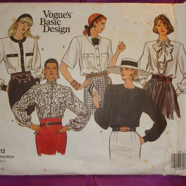 80s Front Button Blouse Long n Shrt Slvs Collarless or Collar 2 Vws Pointed n Bias Opt Tie w Ovrsz Bow CMPLT Vogue 1812 Bust US 31.5 32.5 34