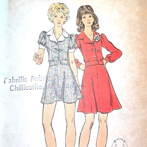 May include: A vintage Butterick 6945 sewing pattern envelope for size 11, bust 33.5 inches. The front features illustrations of two dresses: one short-sleeved with a patterned print and white collar, and one long-sleeved red dress with a collar.