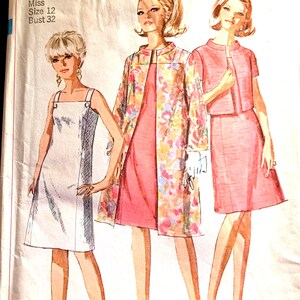 May include: Vintage Simplicity sewing pattern envelope. The cover features illustrations of three women in dresses and coats. The text includes "7081", "Miss", "Size 12", and "Bust 32". The background is a light color.