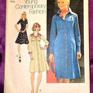 May include: A Simplicity 7170 sewing pattern envelope for a Young Contemporary Fashion dress in size 10 with a 32.5 inch bust. The cover features illustrations and a photograph of three dress variations, including a blue denim-style button-front dress.