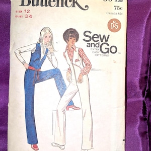 May include: A Butterick 6042 sewing pattern envelope for a jumpsuit, size 12, bust 34. The cover features illustrations of two figures wearing jumpsuits, one in blue and one in white, with the text Sew and Go Extra Easy Patterns printed.