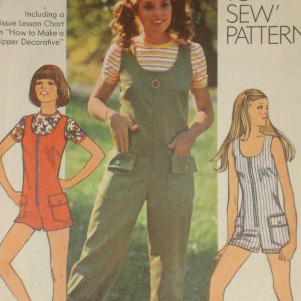 70s Junior Jumpsuit MiNI OnLY Front Zip U Neck Pockets w Button Trim Flaps n Short Sleeve Top CMPLT Simplicity 9938 Bust US 30.5 CM 78