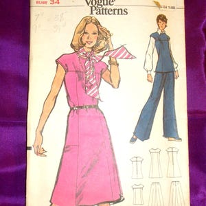 70s EASY Separates Dress n Tunic Front n Back Yokes 3 Section Front Cap Sleeves n Wide Straight Leg Back Zip Pants CMPLT Vogue 8507 Bust 34