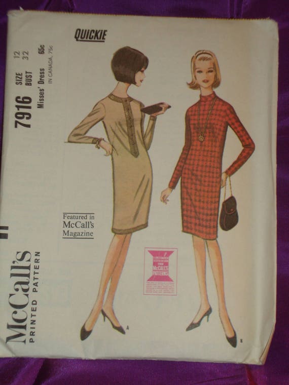 60s EaSY Mod Straight Dress Round Neck Optional Bias Roll Collar Long  Sleeves Back Zip Trim Options CMPLT McCalls 7916 Bust US 32 CM 81