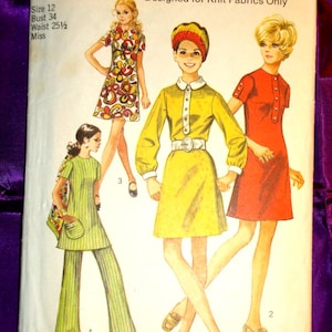 60s Bust 34 Mod Separates Dress n Tunic Round Neck Short n Long Slvs Opt Collar Button Trim Bands Pockets Flared Pants CMPLT Simplicity 8585