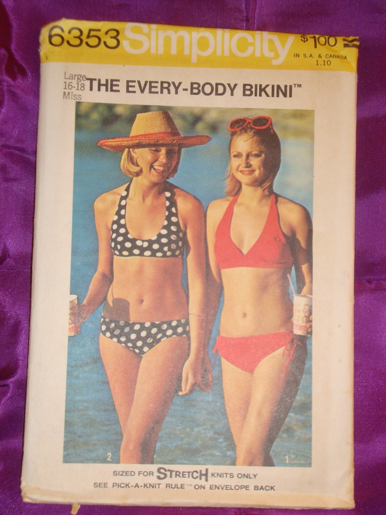 70s Stretch Knit Two Piece EVERY BODY Bikini Swimsuit V or Scoop Neck N  Bottoms W Opt Side Ties Ff Simplicity 6353 Bust US 38 40 Cm 97 102 -   New Zealand