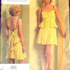 ANNA SUI Mini Dress Sweetheart Neck Thin Straps Peplum Waist Low Back Waterfall Ruffle Misses Sizes 4 6 8 10 FF Vogue 1105 Bust 29.5 to 32.5