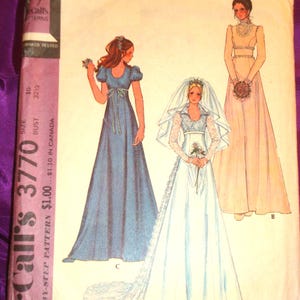 70s Bust 32.5 Bridal Gown High Waist or Wide Midriff Flared Skirt Short n Long Slvs Opt Shaped or Band Collar Optnl Train UNCUT McCalls 3770
