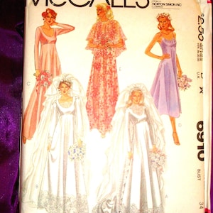70s Bust 34 Bridal Maids Dress High Waist Low Neck Opt Inset Lng Sleeves Flared Skirt Dtch Train Round Cape Slvls Slip Dress FF McCalls 6910