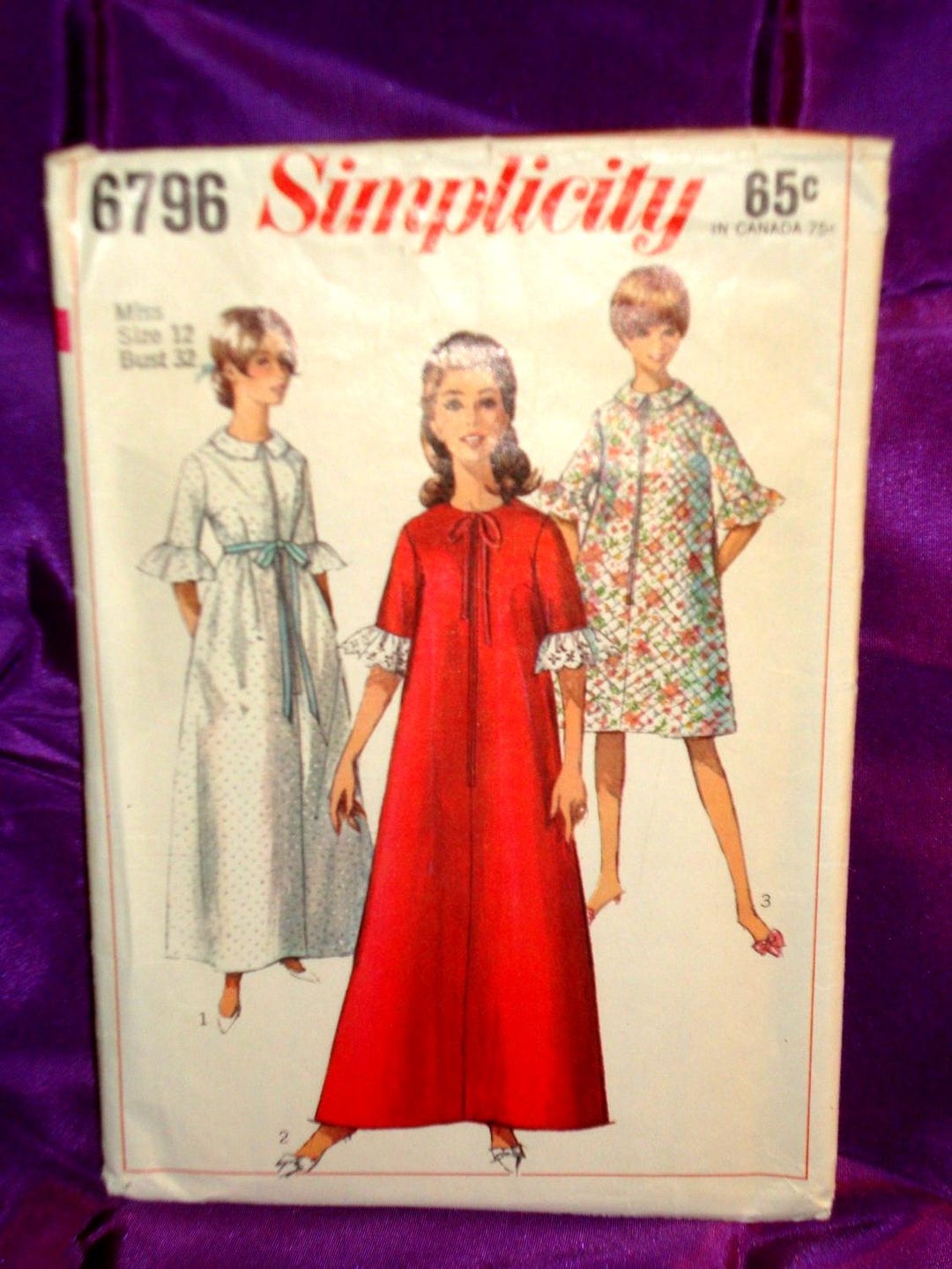 Front Zip Robe Sewing Pattern 60s Mod Front Zip Robe Elbow Length Ruffled Sleeves Side Pockets Knee N ...
