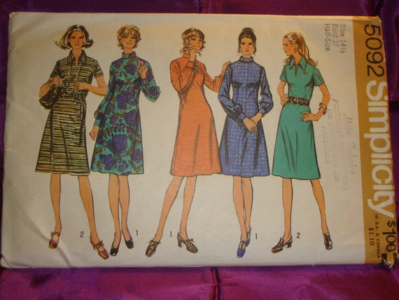 70s Half Size A Line Dress Slit Neck w Shirt Collar or High Round Neck w Roll Collar Short n Long Slv CMPLT Simplicity 5092 Bust US 37 CM 94 70s Half Size A Line Dress Slit Neck w Shirt Collar or High Round Neck w Roll Collar Short n Long Slv CMPLT Simplicity 5092 Bust US 37 CM 94