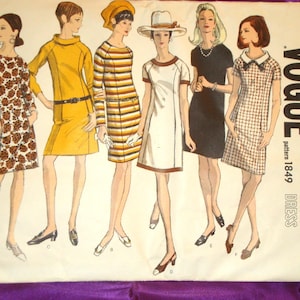 May include: Vintage Vogue pattern 1849 featuring illustrations of six different dresses. The dresses vary in style, including a floral print, solid yellow, striped, and a white dress with brown trim. The Vogue logo is visible in the upper right corner.