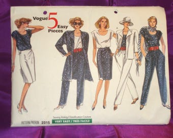 80s EASY Separates Jacket Knee n Hip Length 3 Sleeve Views Pullover Top Slim Mock Wrap Skirt Straight Leg Pants CMPLT Vogue 2315 Bust 32.5