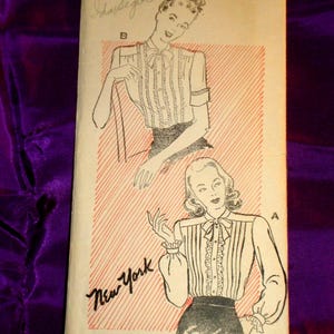 40s Bust 34 Feminine Blouse Shirt Top Tucked Front or Gathered to Yoke Tie Neck Short or Long Sleeves 2 Views CMPLT New York Pattern 954