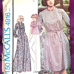 May include: A McCall's 4916 sewing pattern envelope for a misses' dress or top and pants. The front features illustrations of three garment variations, including a long floral dress, a striped short-sleeve top with pants, and a knee-length dress.