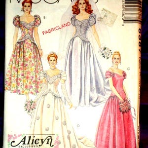 90s ALICYN EXCLUSIVES Bust 32.5 34 36 Wedding Gown Full Skirt w Train n Mitts Bridesmaids Gown 2 Views Miss Size 10 12 14 FF McCalls 6387