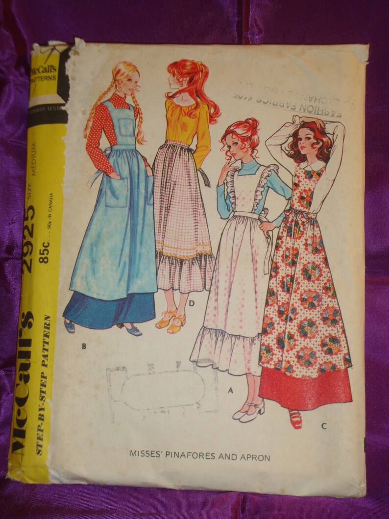 70s Prairie Mid Calf Lgth Pinafore Bib Apron Opt Ruffled Bib n Hem n Half Apron w Ruffled Hem CMPLT McCalls 2925 Waist US 25.5 27 CM 65 69