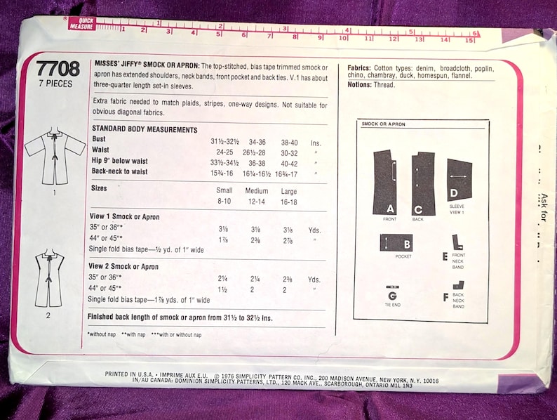 May include: A white Simplicity sewing pattern envelope for a Jiffy smock or apron, model 7708, featuring 7 pieces. The back of the envelope displays technical illustrations, fabric requirements, and standard body measurements in inches for sizes small to large.