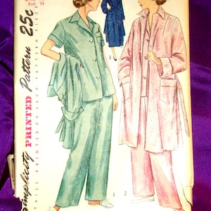 May include: Vintage Simplicity pattern 2999 featuring illustrations of women's sleepwear. The pattern includes a pajama set in light green and a pink robe and pajama set. The pattern is size 16, bust 34, and costs 25 cents.