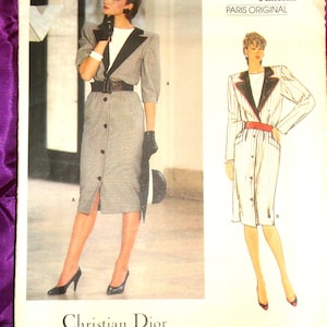 80s CHRISTiAN DIOR Straight Dress Front Button V Neck Mock Contrast Notched Collar n Dickey Elbow Lngth n Long Sleeves FF Vogue 1296 Bust 34