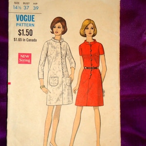 60s Half Size 14.5 Mod Dress Front Button Loop Close Bodice Stand Up Collar Patch Pockets Short n Three Quarter Slv CMPLT Vogue 7506 Bust 37